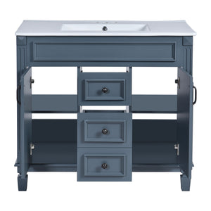 36" Bathroom Vanity With Top Sink, Basin On Cabinet With 2 Soft Closing Doors And 2 Drawers - Blue