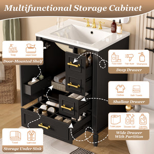 24" Modern Bathroom Vanity with Ceramic Sink, Soft-Close Doors & Drawers - Black