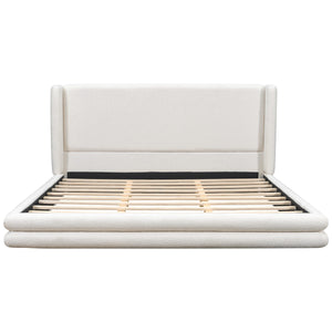 King Size Upholstered Bed Frame With Boucle Thick Wingback Headboard