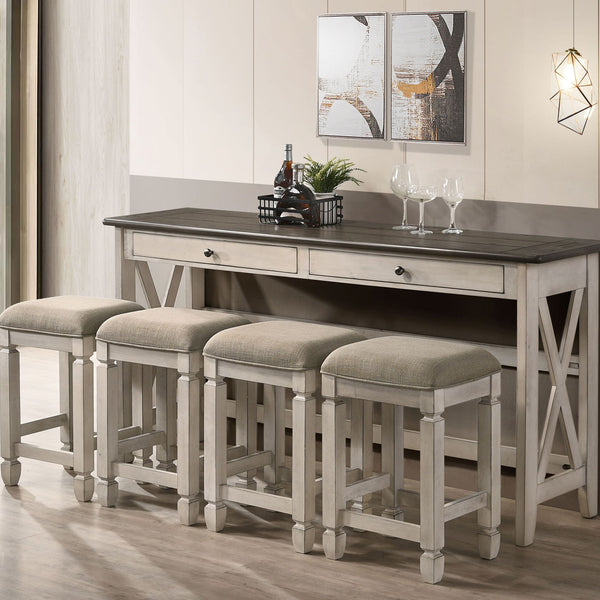 Console Table With 4 Stools - Antique White