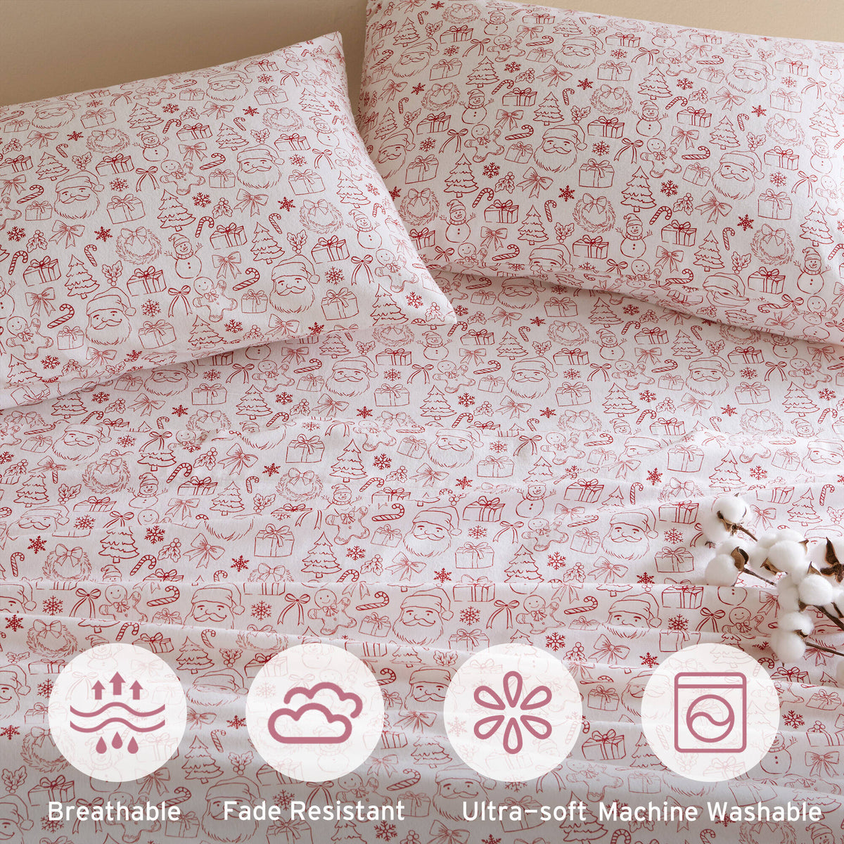 Holiday Doodles Twin XL 100% Cotton 3-Piece Sheet Set - Holiday Doodles