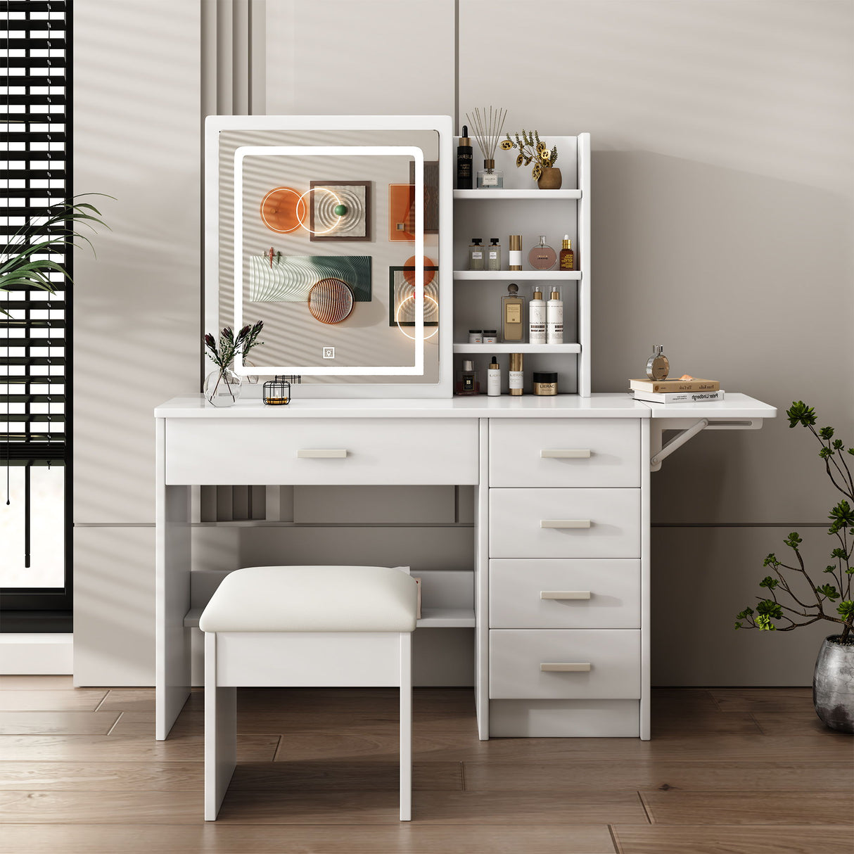 Fashion Vanity Desk With Mirror And Lights For Makeup, 5 Drawers, Adjustable Lighting - White
