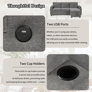 Convertible L Shaped Sofa Couch With Storage, Cup Holders, USB Ports