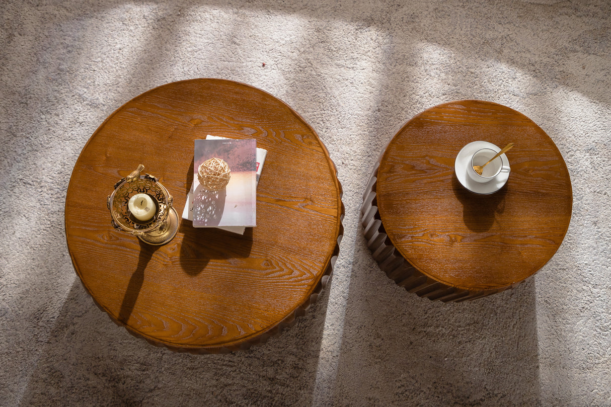 Set of 2 Fluted Round Coffee Tables - Mid-Century Modern Wood