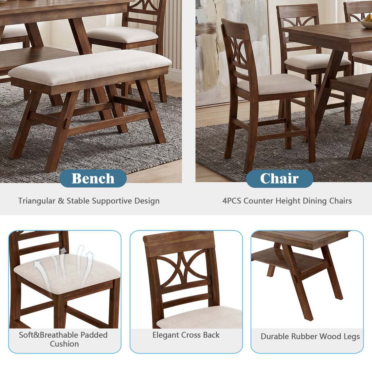 Topmax 6-Piece Wood Counter Height Dining Table Set with Storage Shelf