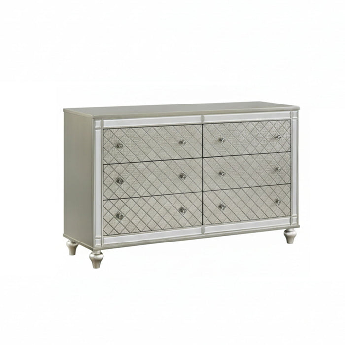 6 Drawer Bedroom Dresser with Diamond Patterned Drawer Fronts - Silver
