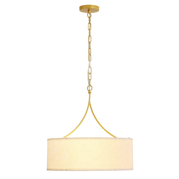 3-Light Gold Fabric Drum Pendant Light