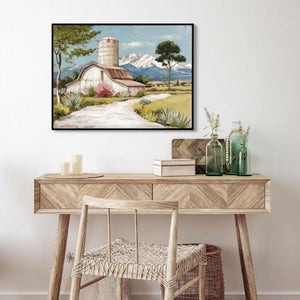 Framed Canvas Wall Art Beautiful Field Painting Wildflower Barn Print Nature Scenery Picture For Home - Blue / Pink