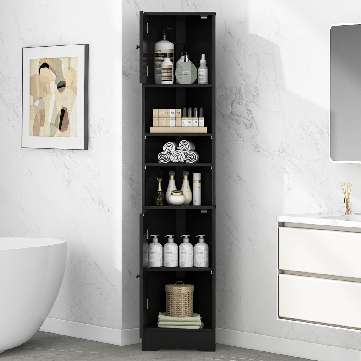 Multi-Functional Corner Cabinet Tall Bathroom Storage Cabinet with Two Doors and Adjustable Shelves, Open Shelf