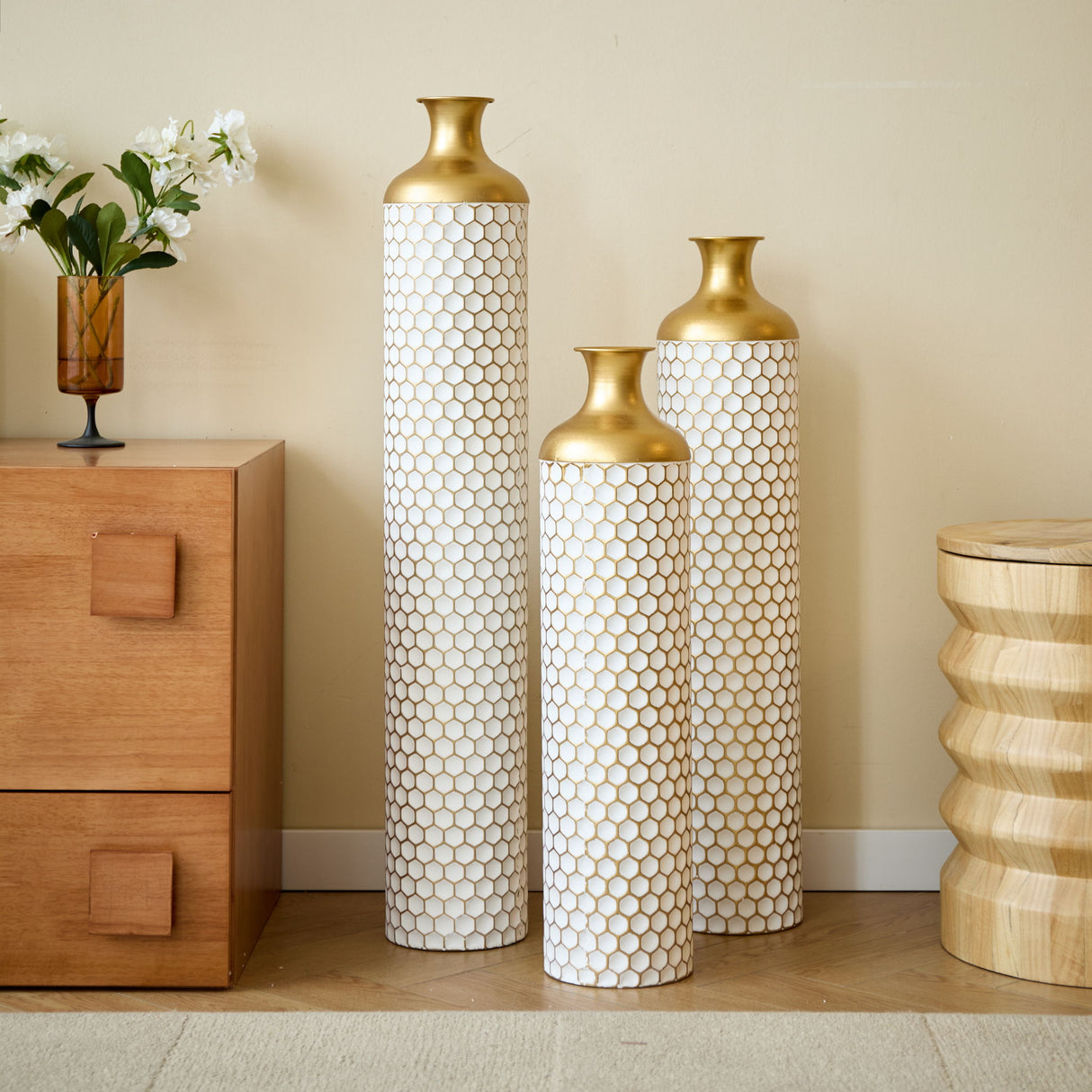 3 Piece Set Gorgeous Home Decoration Large Glazed Floor Vase Decoration Home Droplet Shaped - Gold / White