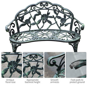 Outsunny Cast Aluminum Outdoor Bench, Green, Floral Rose Accent