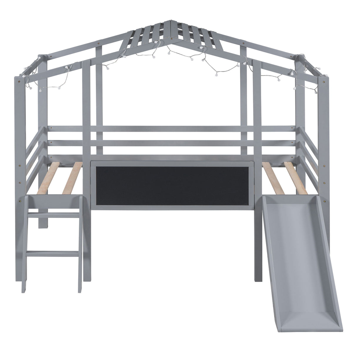 Loft House Bed With Ladder And Slide, With board And Light Strip On The Roof