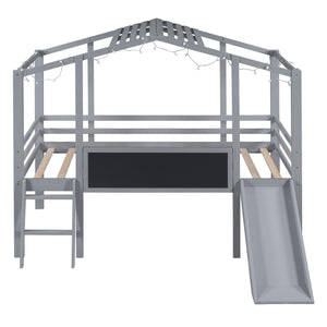 Loft House Bed With Ladder And Slide, With board And Light Strip On The Roof