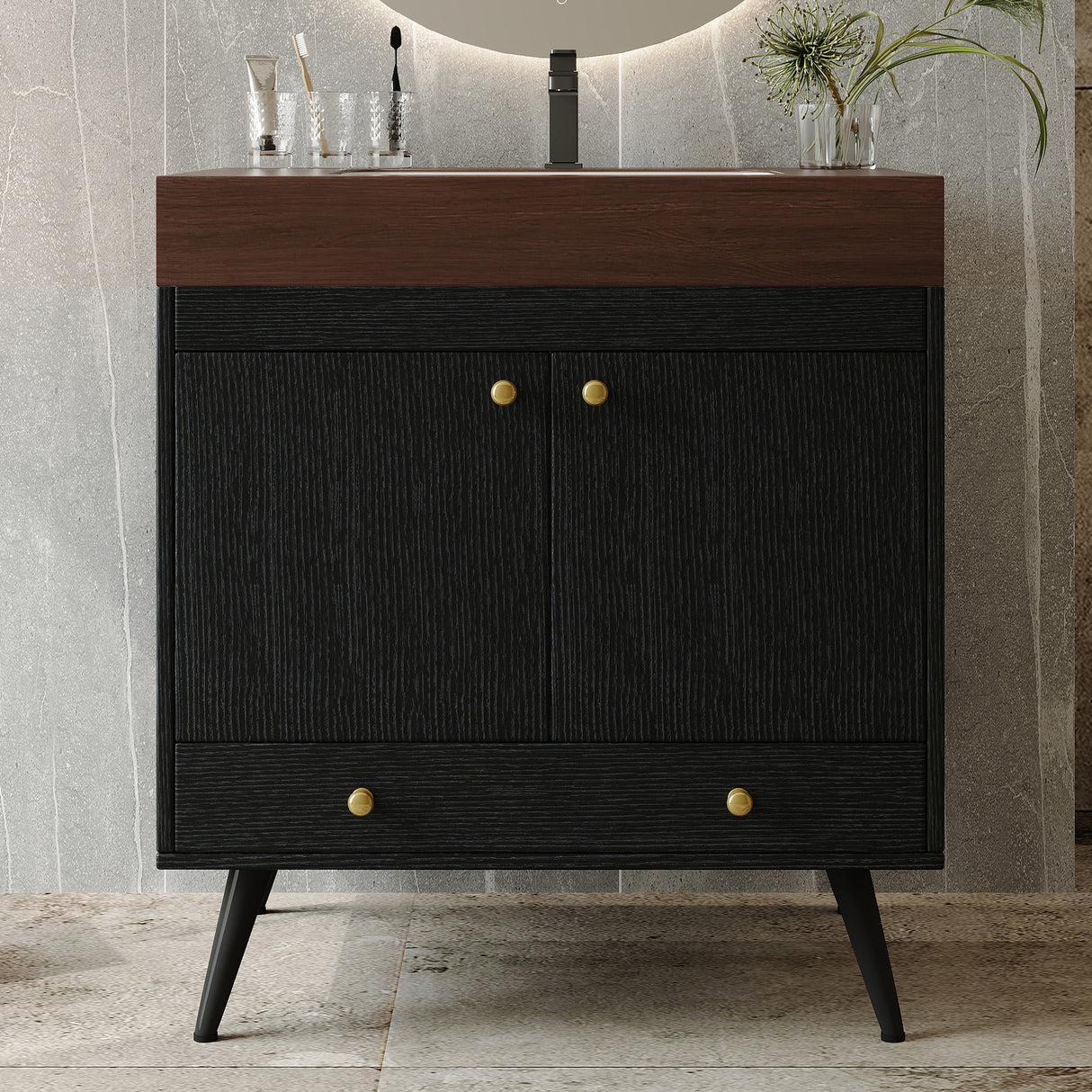 Contemporary Free-standing Bathroom Vanity with Faux Marble Top & Ceramic Sink