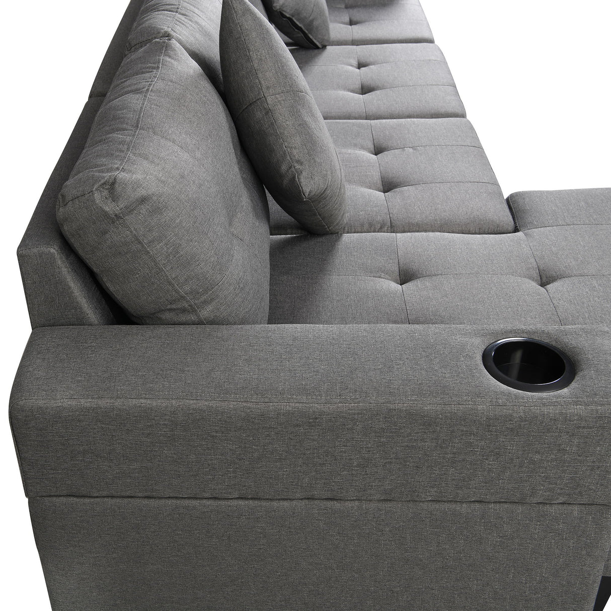 Modern Sectional Sofa Set With L Shape Chaise Lounge, Cup Holder, 4 Seat - Gray