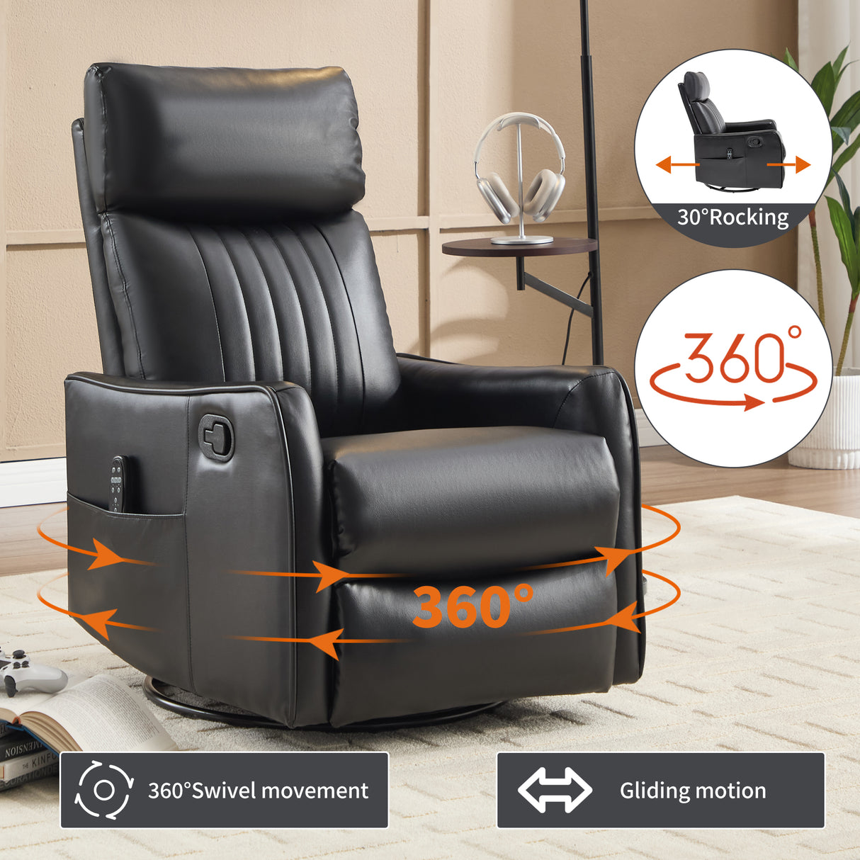 Black Faux Leather Heat Massage Manual Recliner Chair