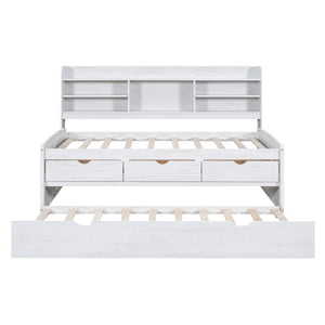 Captain Bed With Built In Bookshelves, 3 Storage Drawers, And Trundle