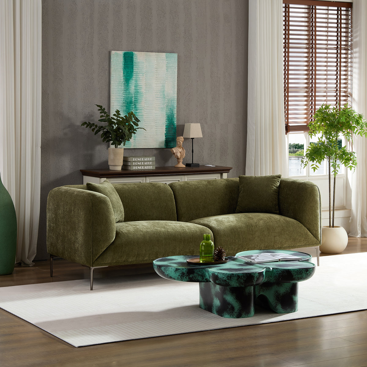 Modern 3-Seat Sofa, 82-Inch, Green Boucle Fabric