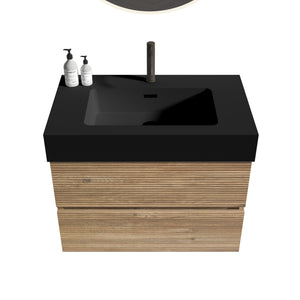 Grace 30-Inch Wall-Mounted Bathroom Vanity, Black and Oak with Soft-Close Drawers