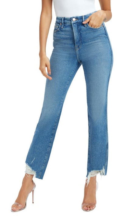 Good American Good Curve High Waist Frayed Straight Leg Jeans in Blue313, Size 16