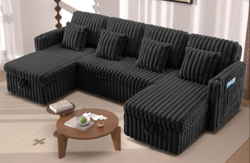 U Shaped Plush Corduroy Fluffy Sectional Sleeper Sofa