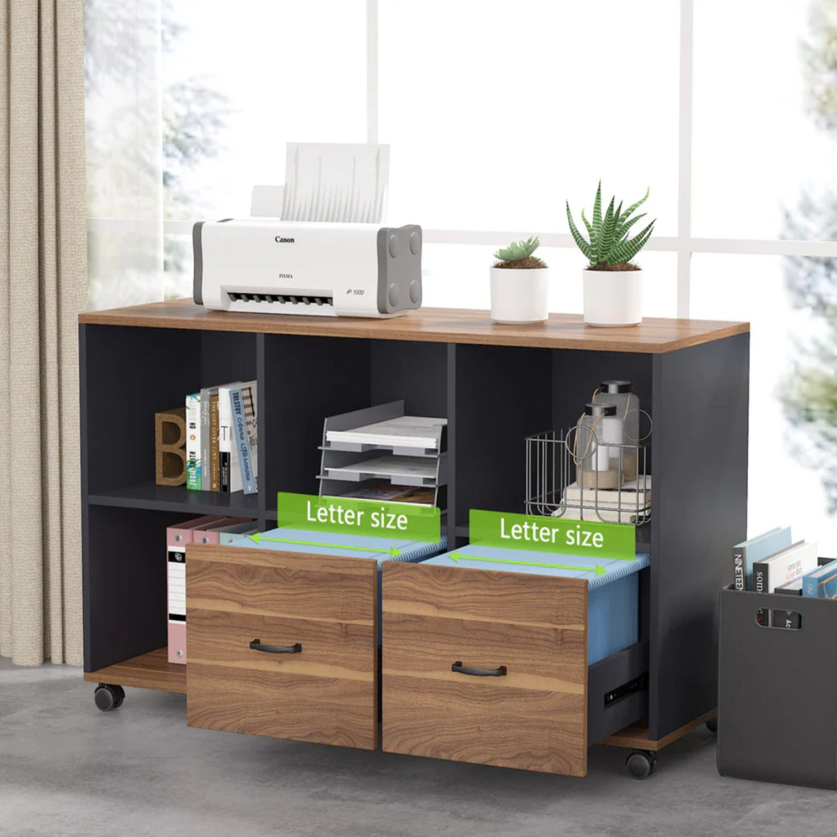 L-Shaped Executive Desk With Mobile File Cabinet, Large Home Office Workstation With Drawers And Shelves - Brown / Black
