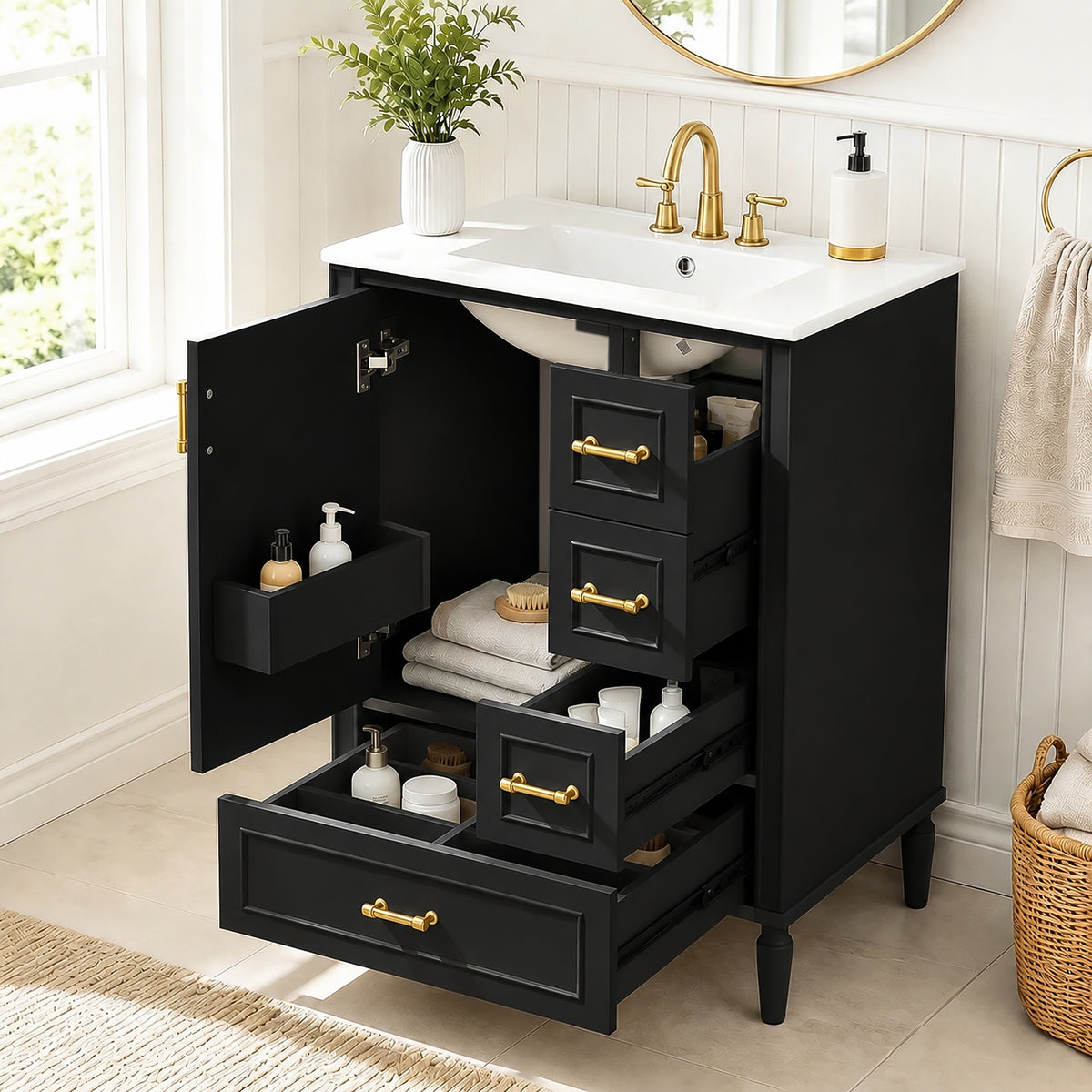 24" Modern Bathroom Vanity with Ceramic Sink, Soft-Close Doors & Drawers - Black