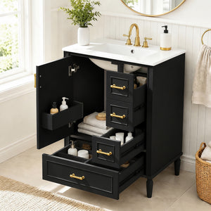 24" Modern Bathroom Vanity with Ceramic Sink, Soft-Close Doors & Drawers - Black