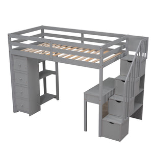 Loft Bed With Storage Drawers, Desk And Stairs With Shelves