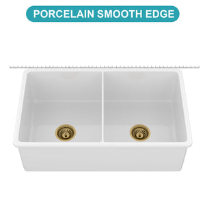 32" Undermount Double Bowl Kitchen Sink Rectangular Deep Dual Bas With Grids - White