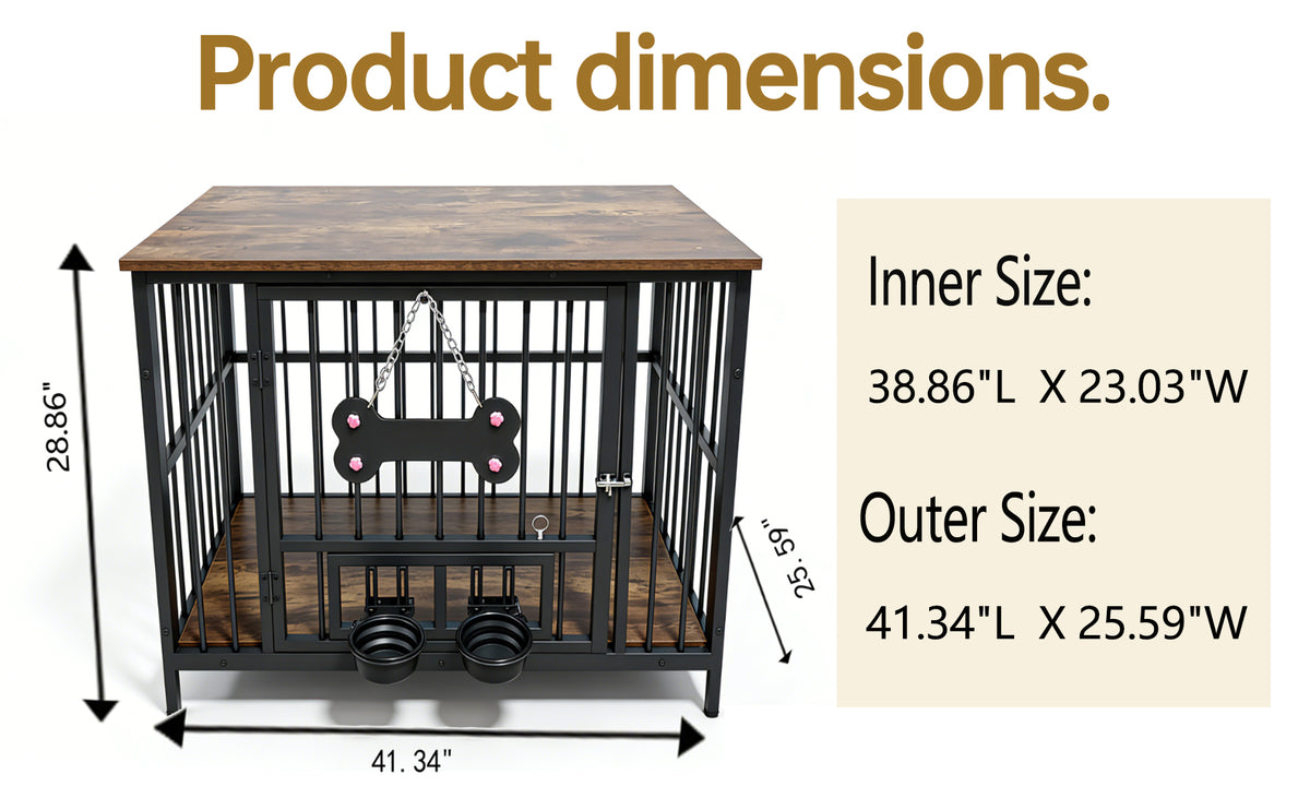 Vintage Wood Grain Dog Cage with Rotating Bowl