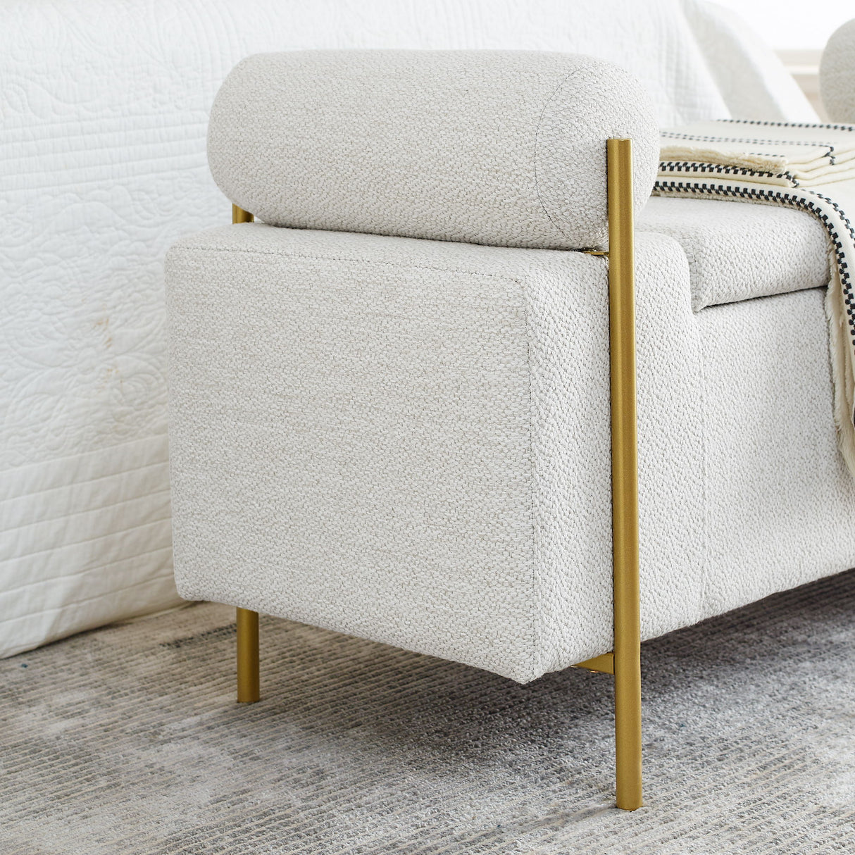 Elegant Upholstered Storage Bench With Cylindrical Arms And Iron Legs,