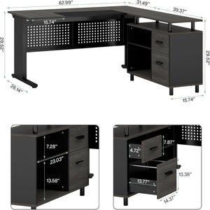 L-Shaped Executive Desk With File Cabinet, Office Workstation With Drawers, Shelves & Storage