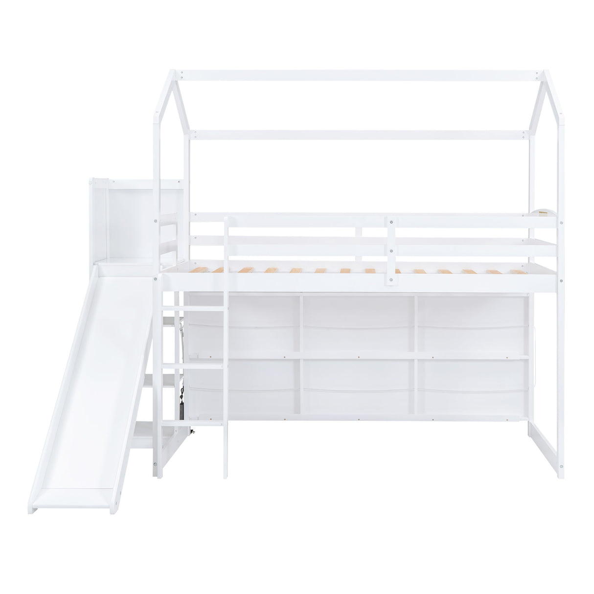 House Loft Bed With Slide, Storage Shelves And Light, Climbing Ramp