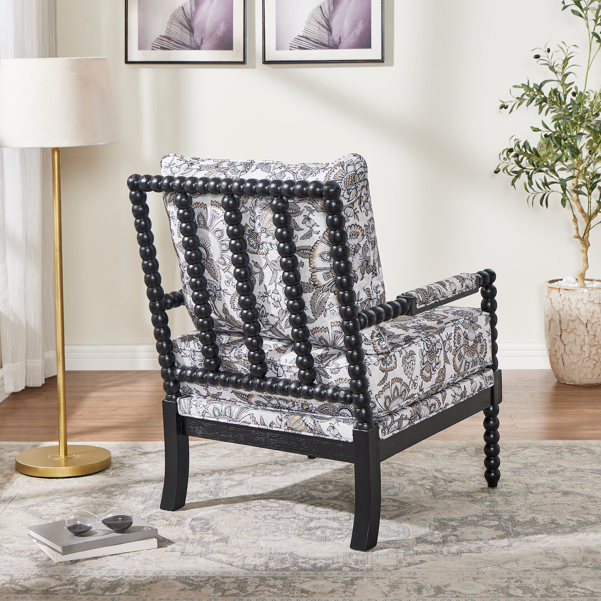 Belvoir Upholstered Spool Accent Chair with Turned Wood Frame, Floral