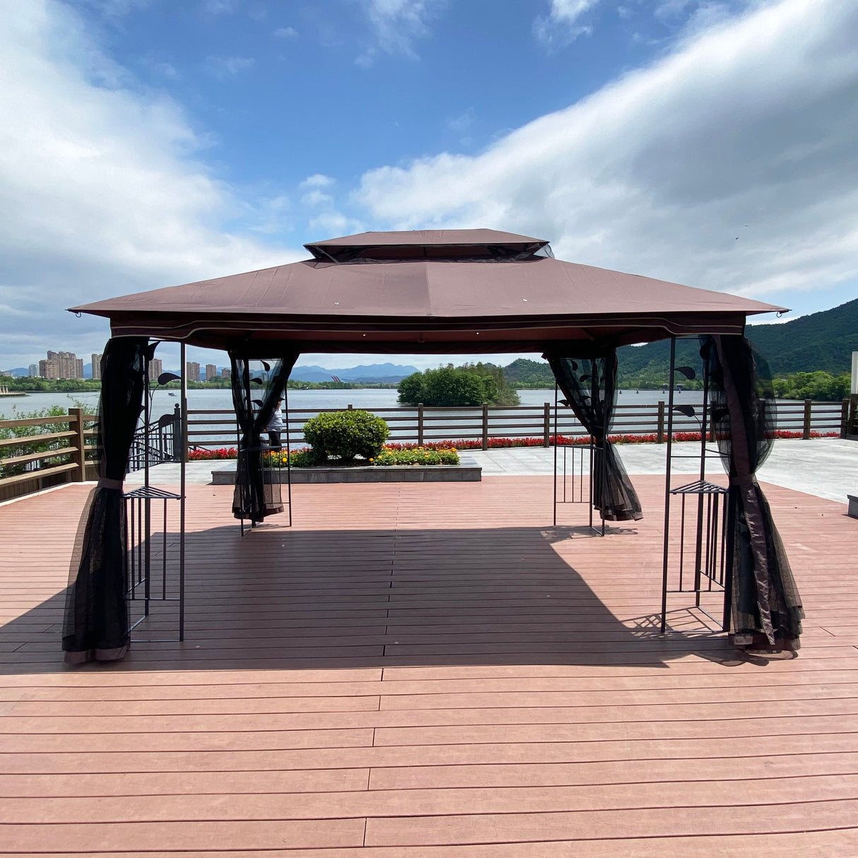 Patio Gazebo Tent With Ventilated Double Roof And Mosquito Net For Backyard Or Garden