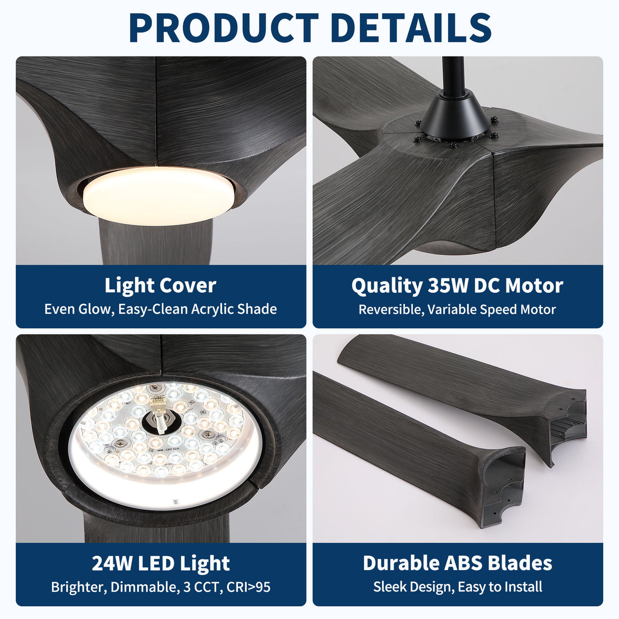 Reversible Quiet Motor Ceiling Fan Light With ABS Blades - Black / Gray