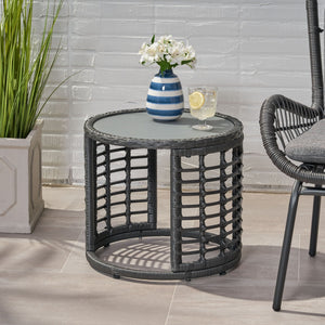 Achill - Outdoor Modern Boho Wicker Side Table With Glass Top - Gray - Best Buy Furniture