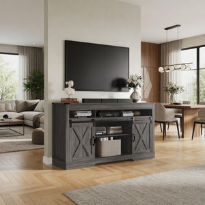 Farmhouse TV Stand With Sliding Barn Doors & Adjustable Storage