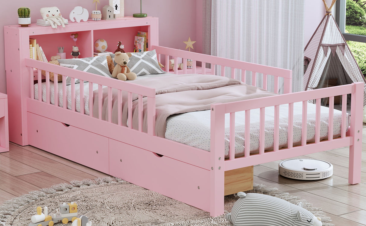 Bed With Headboard Storage Rack, 2 Under Bed Drawers, 3 Side Guardrails For Safety