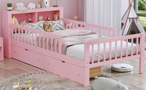 Bed With Headboard Storage Rack, 2 Under Bed Drawers, 3 Side Guardrails For Safety