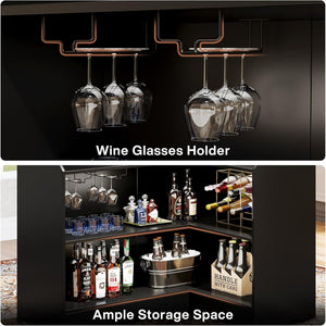 L-Shaped Home Bar Cabinet With Stemware Racks, 4 Tier Corner Unit, Liquor Wine Bar Table & Reception Desk For Home Pub - Black