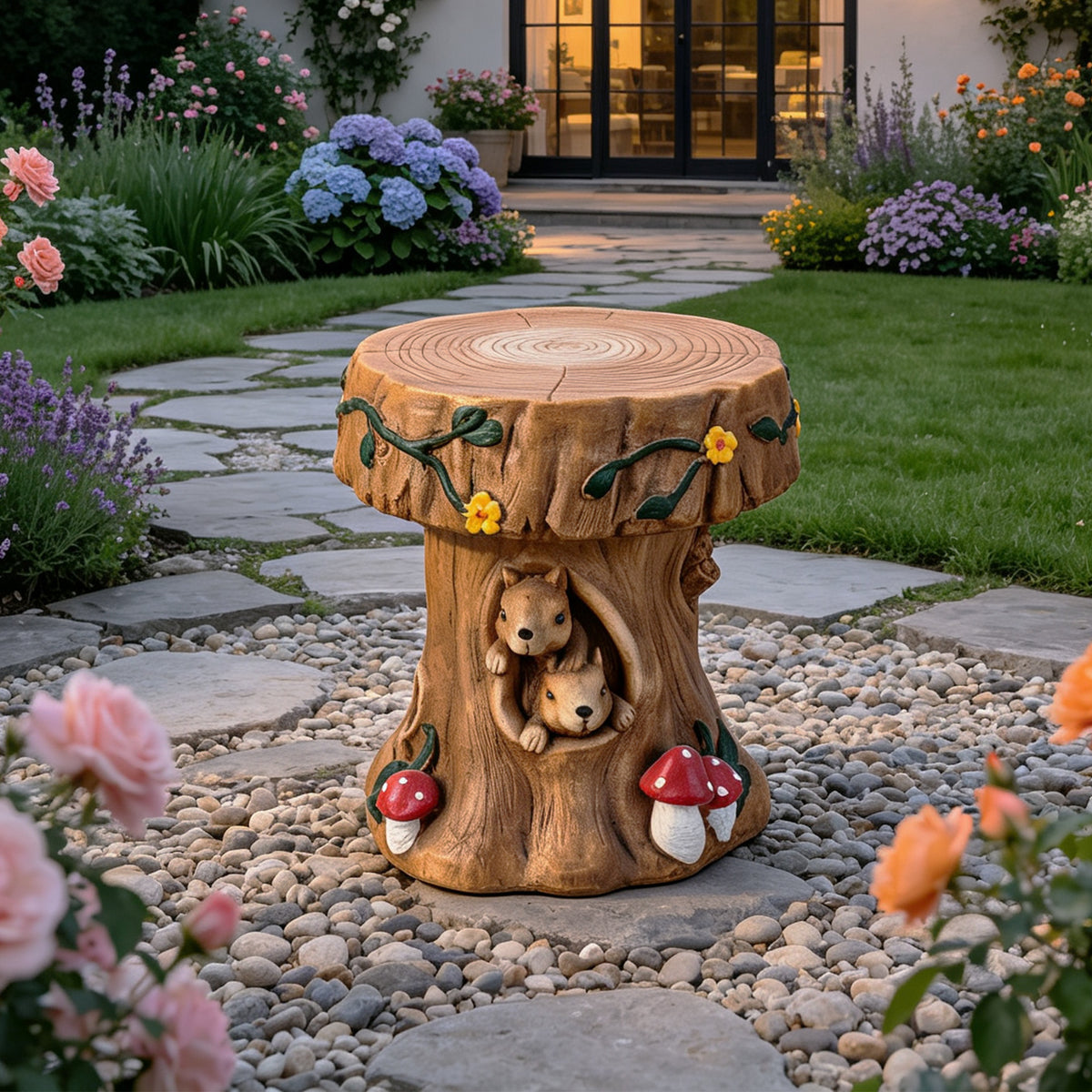 Squirrel Tree Stump Stool Garden Statue with Durable Magnesium Oxide – Brown