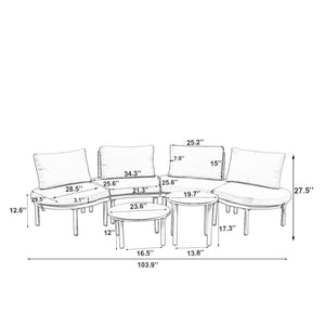6 Piece Patio Set, Half Moon Outdoor Sectional Sofa With 2 High Low Coffee Tables, 4 Pillows & Cushions