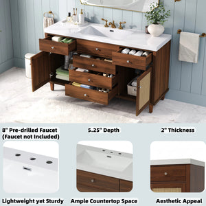 60-Inch Bathroom Vanity with SMC Sink, Brown Solid Wood and MDF, Soft-Close Drawers