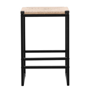 Boho Style Backless Bar Stools (Set of 2) With Paper Rope Woven Seat & Metal Frame For Kitchen Counter