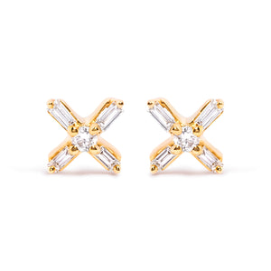 10K Yellow Gold 1/10 Cttw Round and Baguette Diamond Criss Cross X Stud Earring (H-I Color, I1-I2 Clarity)