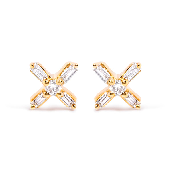 10K Yellow Gold 1/10 Cttw Round and Baguette Diamond Criss Cross X Stud Earring (H-I Color, I1-I2 Clarity)