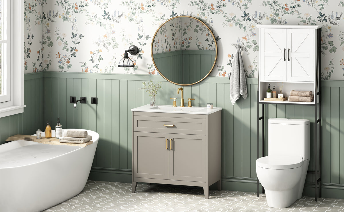 30" Bathroom Vanity with Ceramic Sink Top, Solid Wood Legs