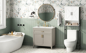 30" Bathroom Vanity with Ceramic Sink Top, Solid Wood Legs